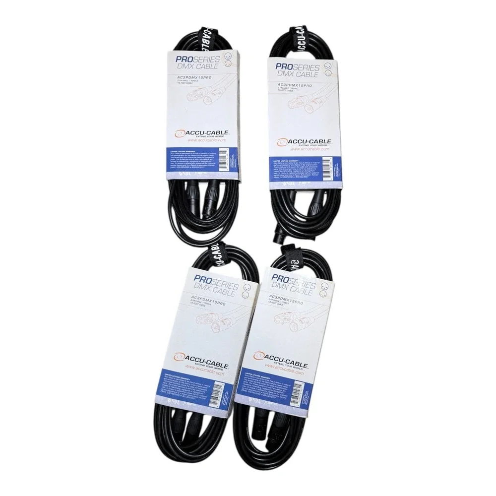 Accu-Cable DMX Cable Lot of 4 AC3PDMX15PRO 3-Pin 15ft Pro Series Black‎ New